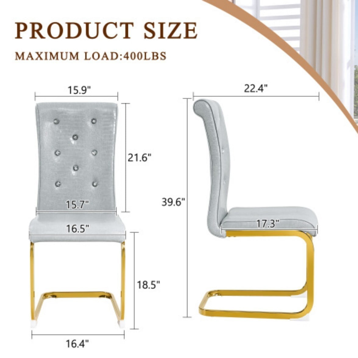 Set of 4 Retro Dining Chairs, Faux Alligator Leather Upholstered Chairs with Crystal Button Details & Gold-Plated Bent Metal Legs, 400 LBS, Gray & Gold