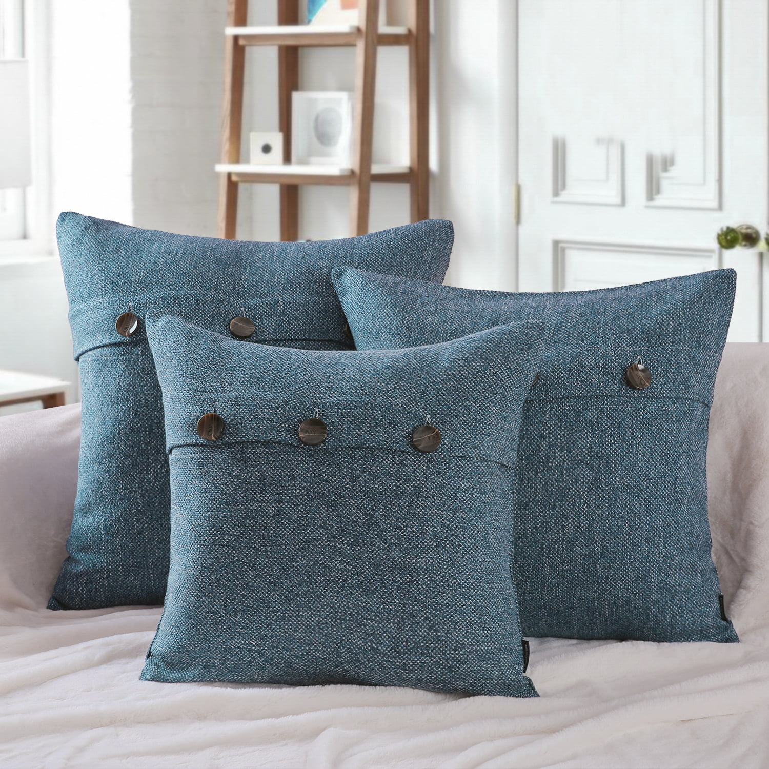 Phantoscope Triple Buttons Cotton Blend Series Farmhouse Square Decorative Throw Pillow Cusion for Couch, 20" x 20", Lake Blue, 2 Pack