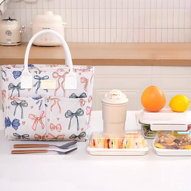 Bolso Aislante para Almuerzo de Poliéster con Estampado de Lazo Impermeable y Resistente a Manchas 26x24x14cm Azul Beige para Oficina o Picnic