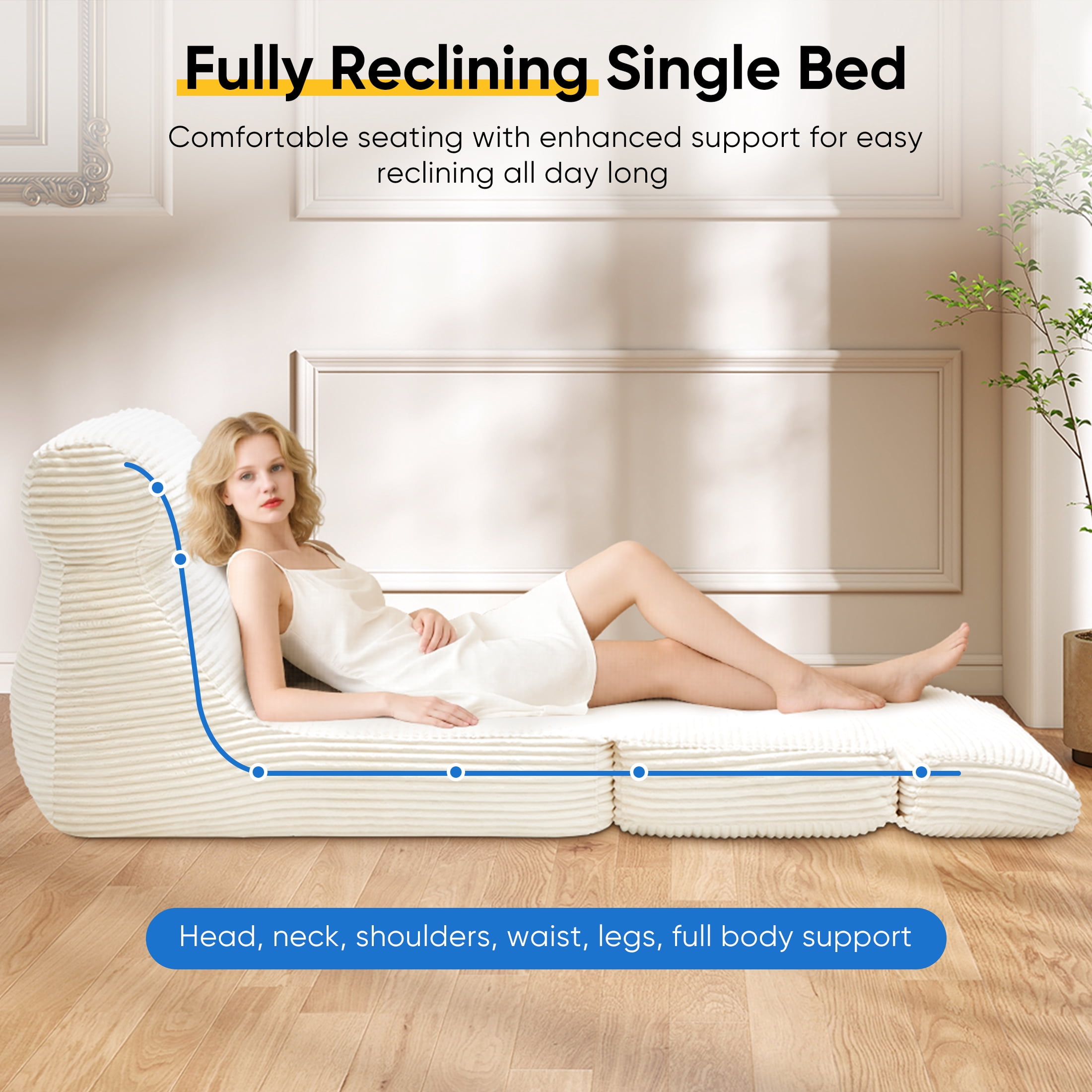 edx 3-in-1 Convertible Bean Bag Chair Bed, Multi-functional Floor Sofa with Back Support, Portable Lazy Lounger & Sleeper, High-Density Foam Gaming Chair for Adults, No Assembly, White
