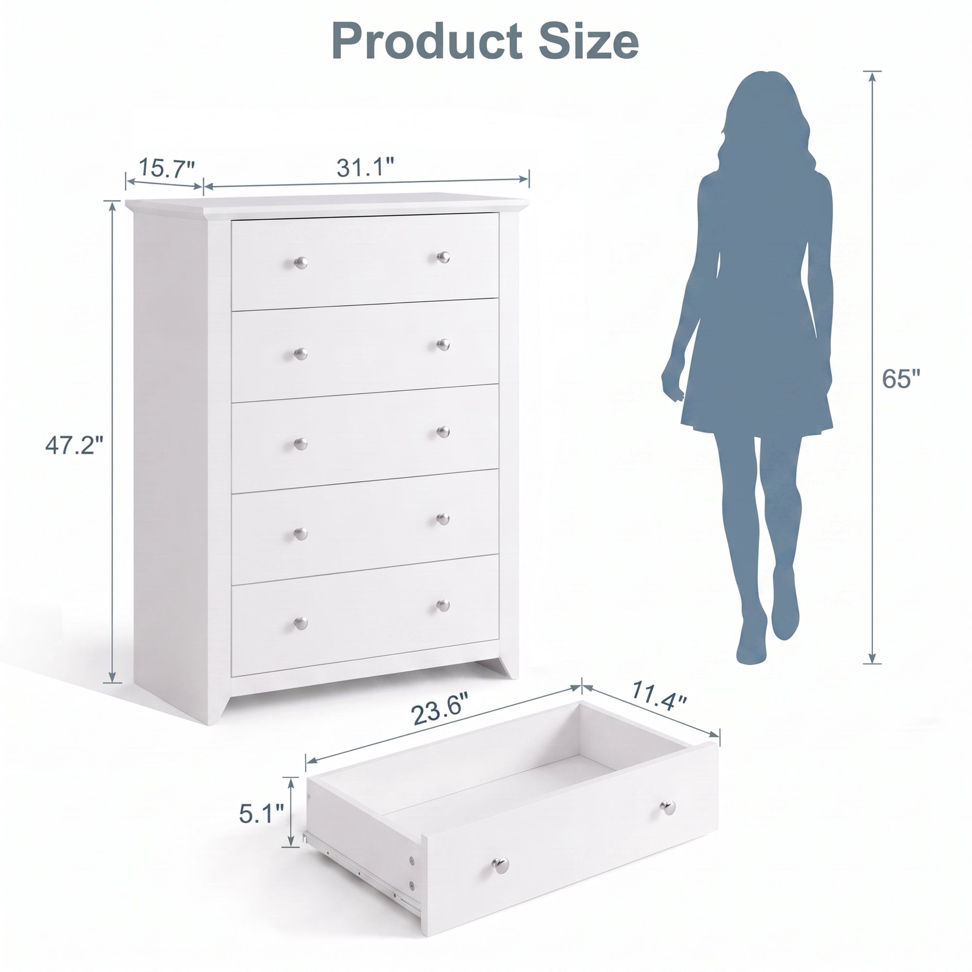 TrumanPick White Dresser Tall 5 Drawer Dressers for Bedroom Wood Chest of Drawers for Living Room Hallway Entryway 47.2"H x 31.1"W x 15.7"D