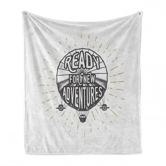 Saying Soft Flannel Fleece Throw Blanket, Inspirational Ready for New Adventures Lettering on Balloon Print, Cozy Plush for Indoor and Outdoor Use, 50" x 60", Black and White, by Ambesonne