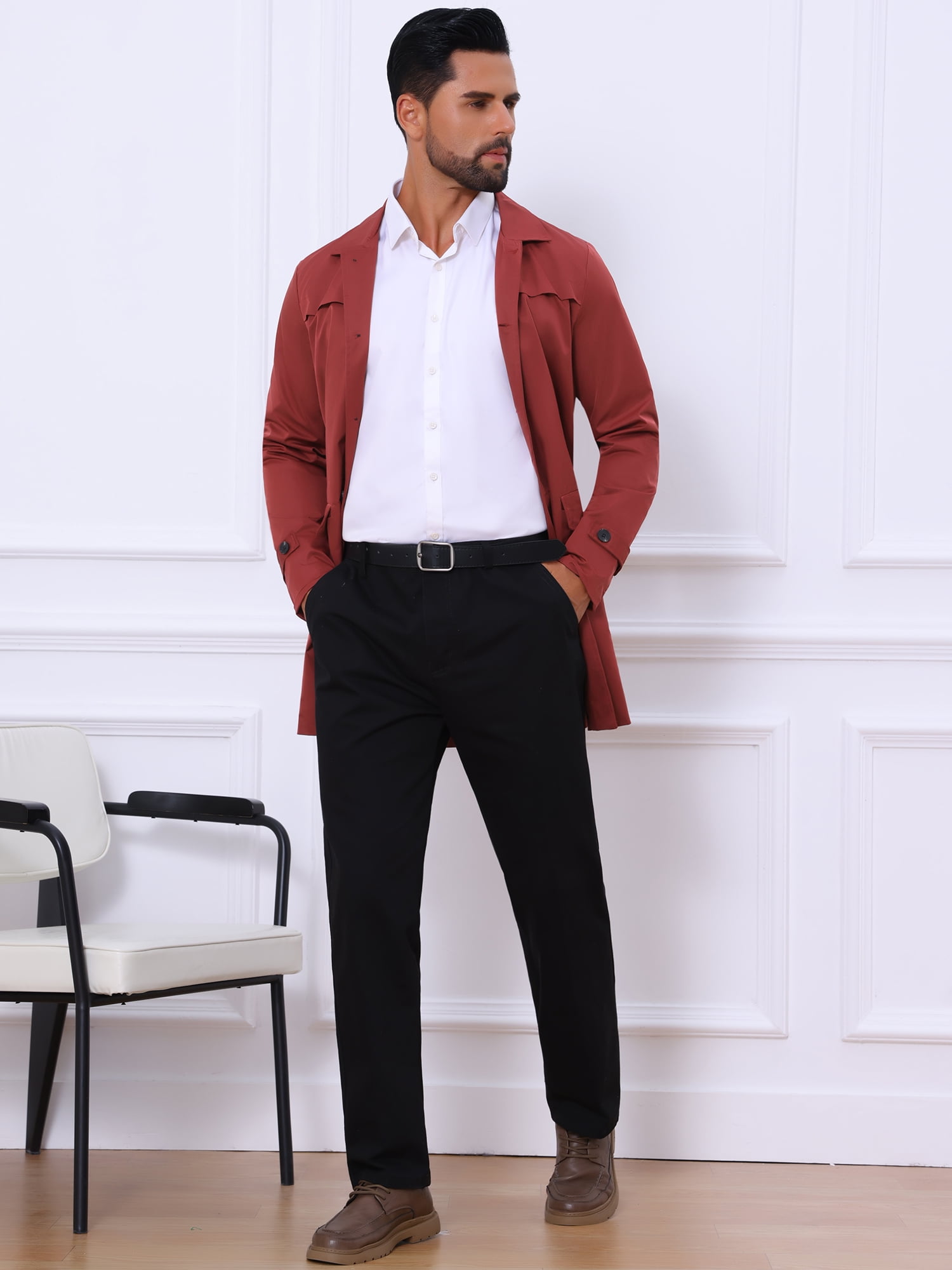 DARING DIVA Men's Trench Coat Lightweight Single Breasted Jacket Overcoat S Burgundy