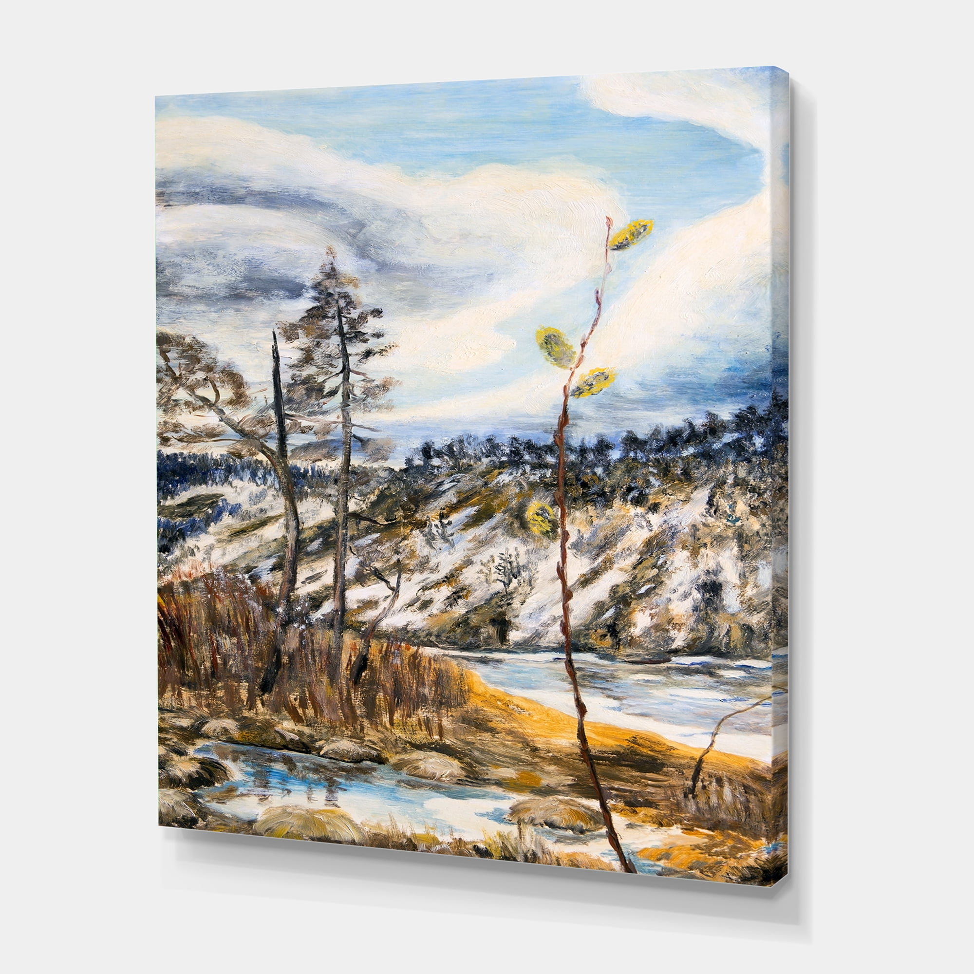Designart ' The Cloudy Sky and The River With Spring Landscape ' Lake House Canvas Wall Art Print