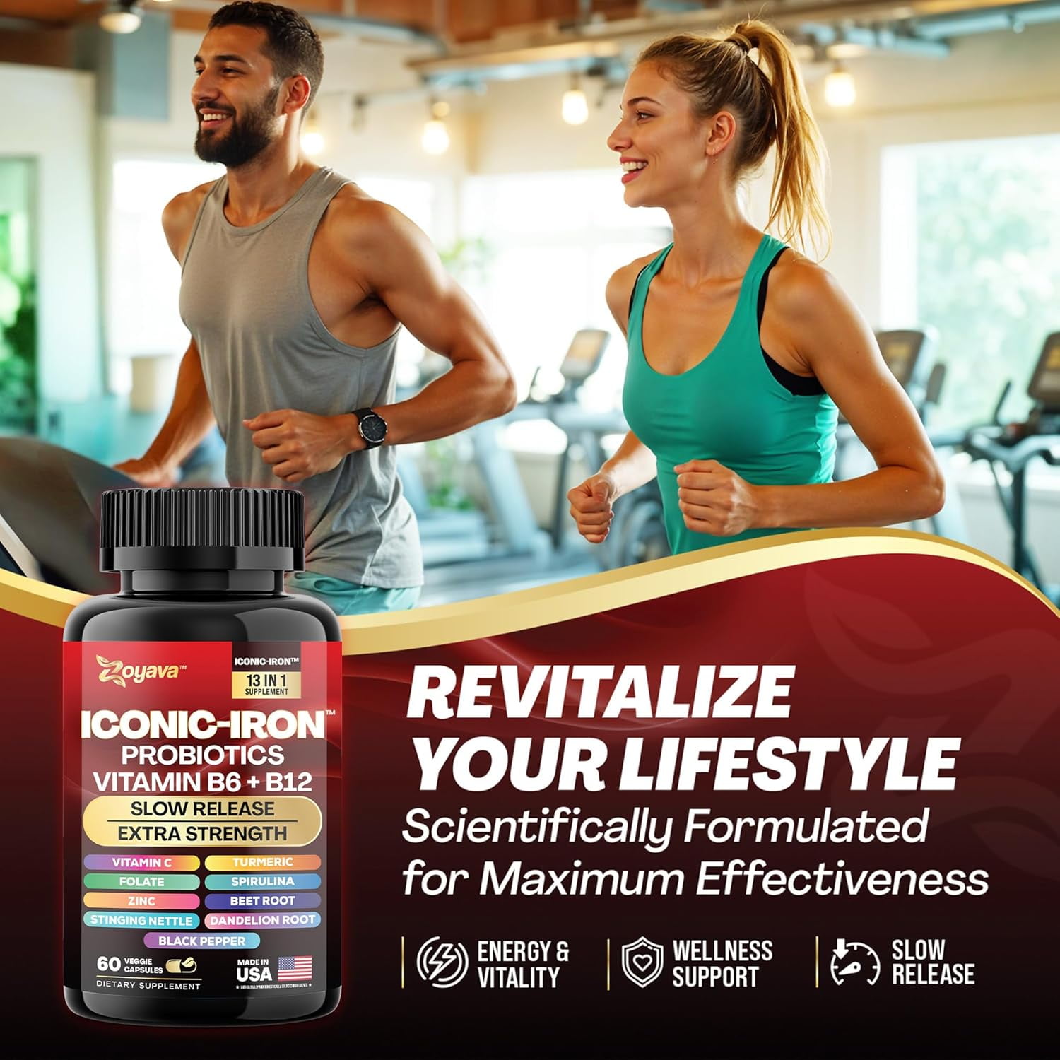 Zoyava Iron Supplement – Slow Release Iron Vitamin with B12, Folate, Zinc & Probiotics for Men & Women
