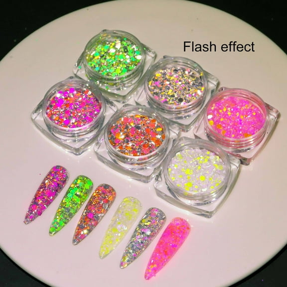dianhelloya 6 Box Nail Sequin Flake Shining Sparkling Reflective Iridescent High Gloss Colorful Faux Diamond Glitter Powder Nail 6pcs