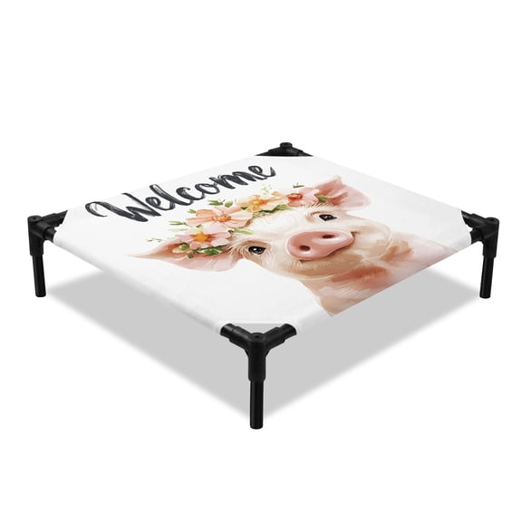 Cute Pig Elevated Dog Bed, Welcome Cooling Breathable Outdoor Raised Dog Cot Bed with Metal Frame Non-Slip Feet for Small Dog 20x20in