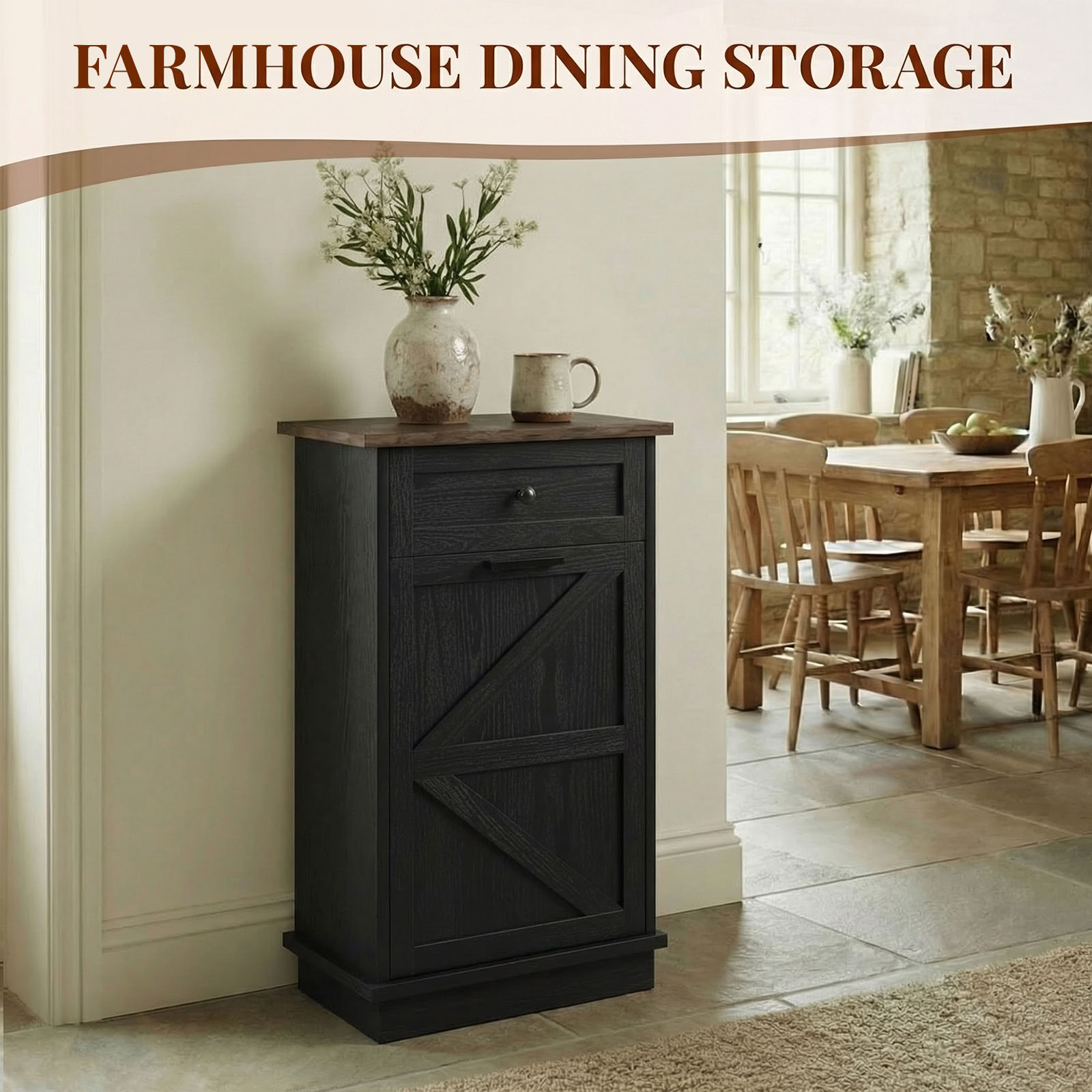MAYEERTY Farmhouse Storage Cabinet with Drawer, Tilt Out Trash Can Cabinet for 10 Gallon Bin, for Kitchen, Laundry, Living Room, Office