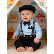 CARETOO Baby Boy Clothes Infant Formal Dress Outfit Set Romper Shirt Bowtie Beret Suspender Pants 0-24M 4Pcs Church Wedding Baptism Suit Cotton Fabric