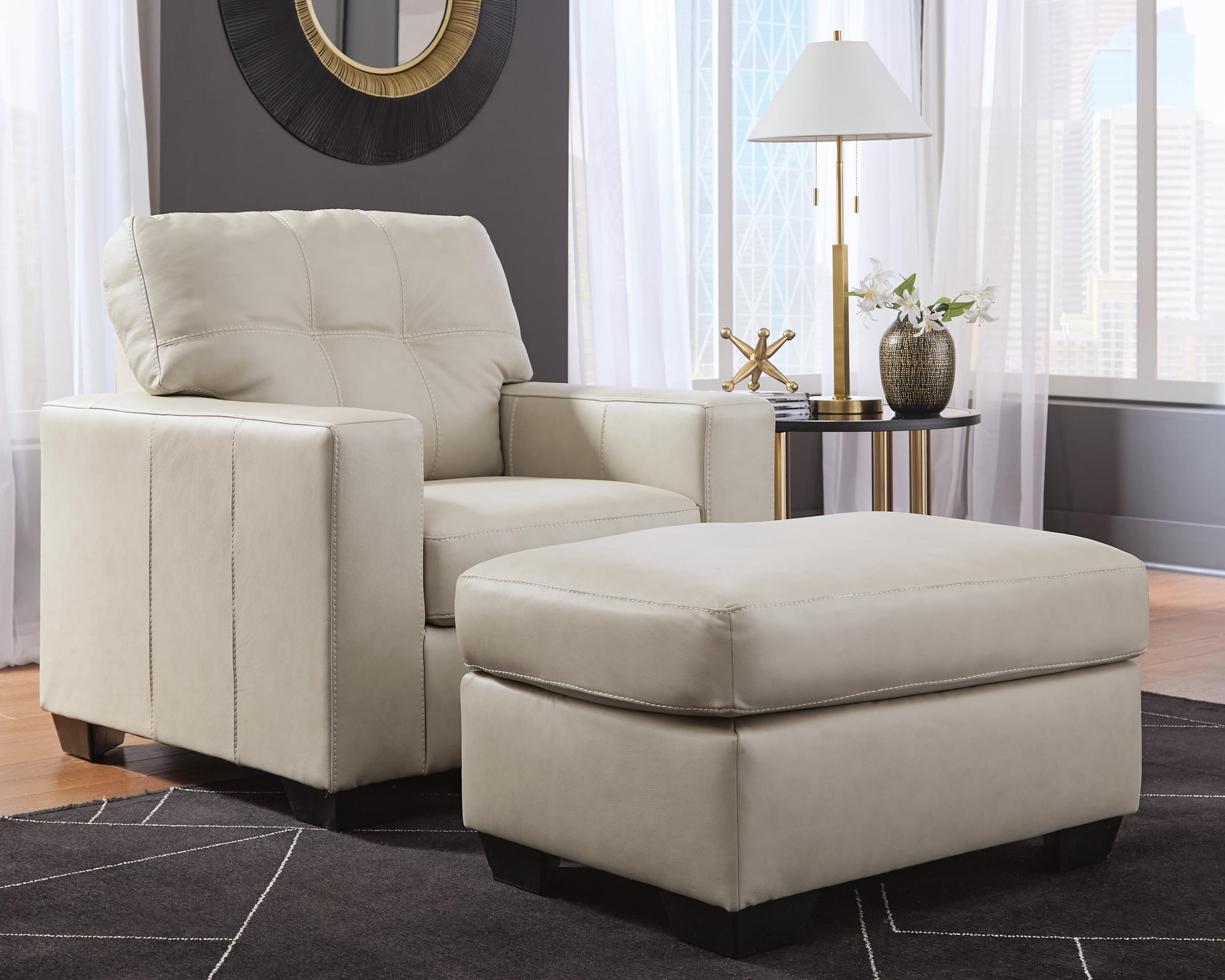 Signature Design by Ashley Santorine Ottoman, Top Grain Leather Cushion, Bone Gray
