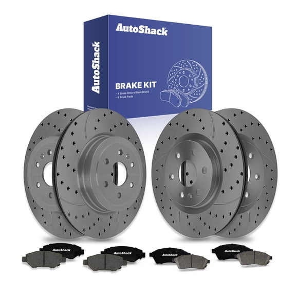 AutoShack Front Vented & Rear Vented Drilled & Slotted Coated Brake Rotors Black Matte Finish   Ceramic Pads 12-PC Brake Kit Replacement for 2010-2016 Cadillac SRX 2011 Saab 9-4X BlackShield