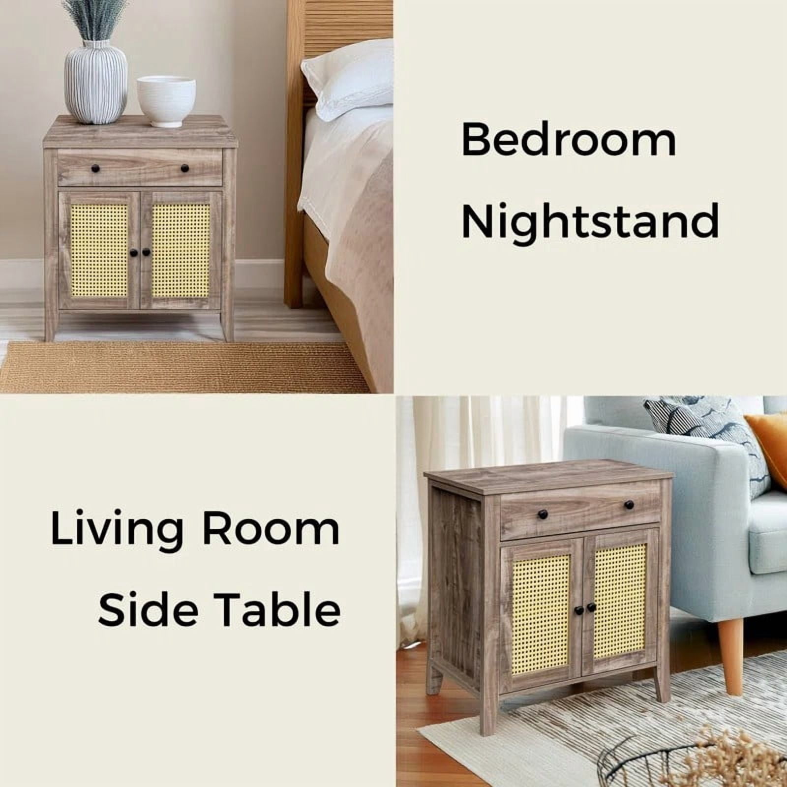 COMHOMA Rattan Cabinet, Mid Century Modern Cabinet with Rattan Decorated Door and Adjustable Shelf, Bedside Storage End Table with Drawer, Cabinet for Bedroom and Living Room,Drifted Grey