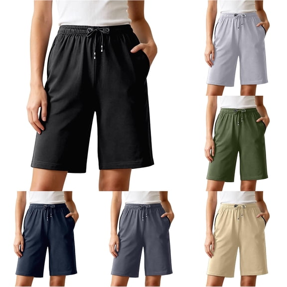 WAYUTE Womens Shorts Plus Size Straight Leg Elastic Waist Summer Beach Shorts with Zip Pockets and Drawstring Casual Bottoms,Black,6XL