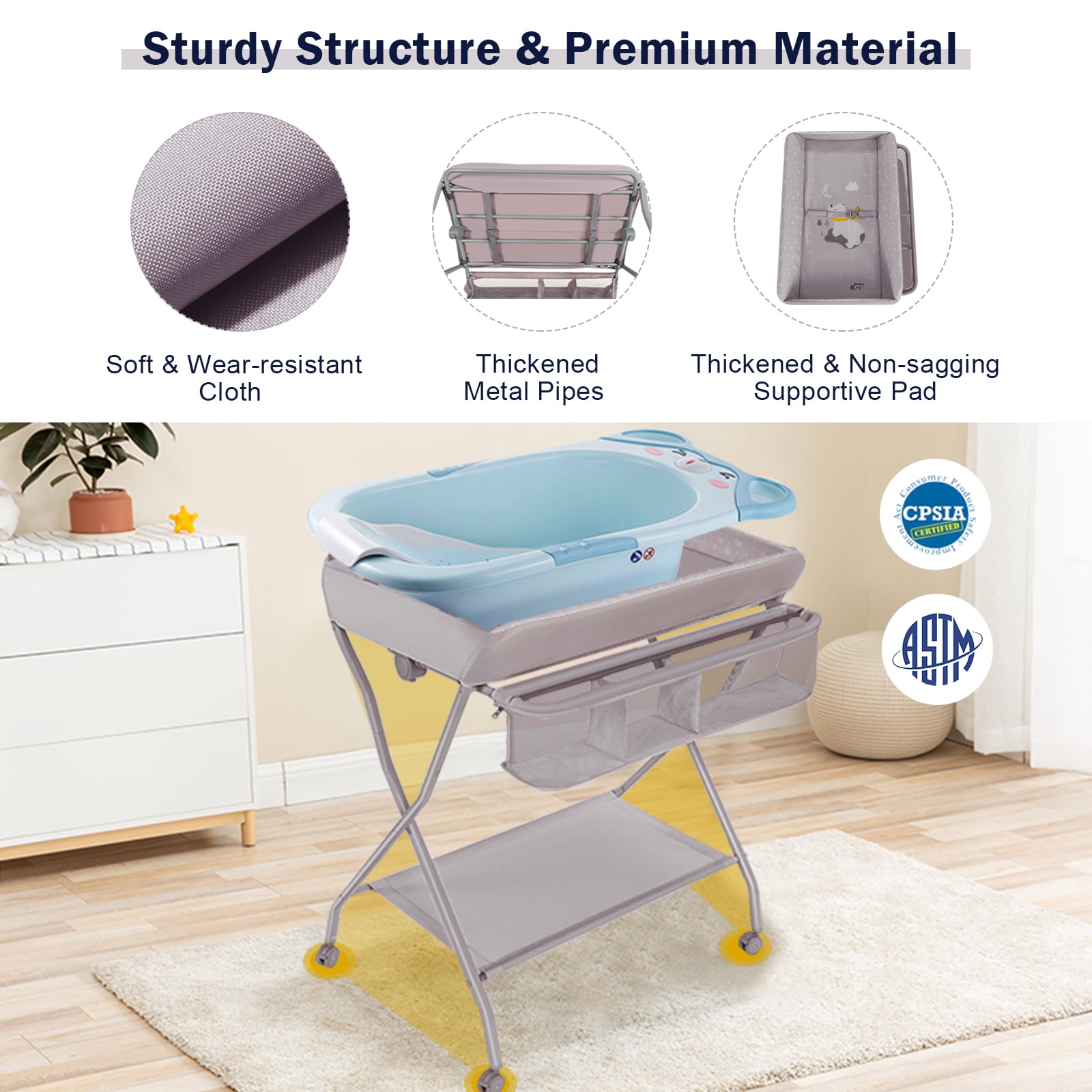 Infans Baby Changing Table Folding Diaper Changing Station w/ Safety Belt & Wheels Grey