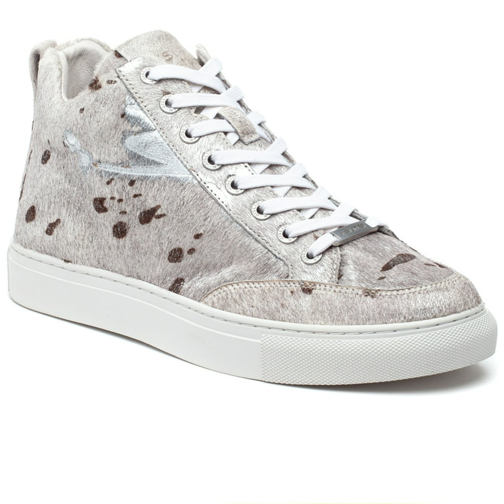 J/Slides - J/Slides Women's Ludlow Pony Lace Up Rounded toe Sneaker Off White Metallic Pony (9