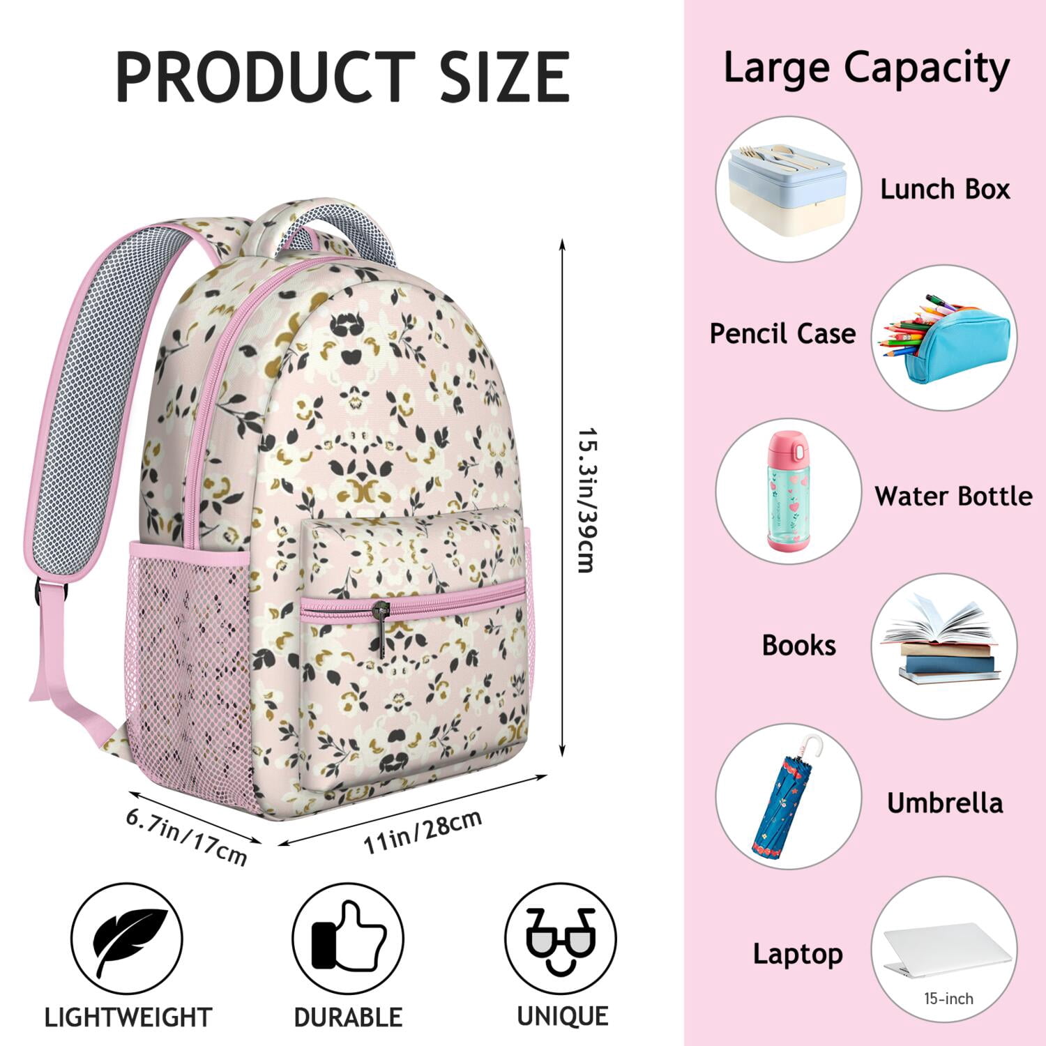 Vintage Floral Waterproof Bookbag - Lightweight Breathable Backpack for College Students