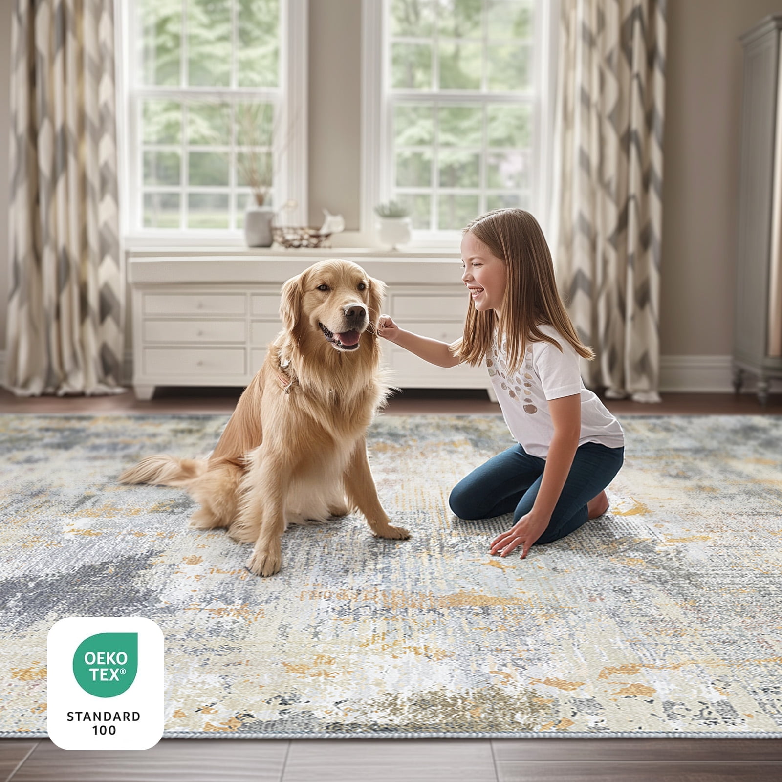 CHITOOMA 6'x9' Area Rugs for Living Room, Machine Washable Abstract Distressed Rugs Indoor Neutral Carpet Rugs for Bedroom Dining Room Office with Non-Slip Backing, Stain Resistant Non-Shed