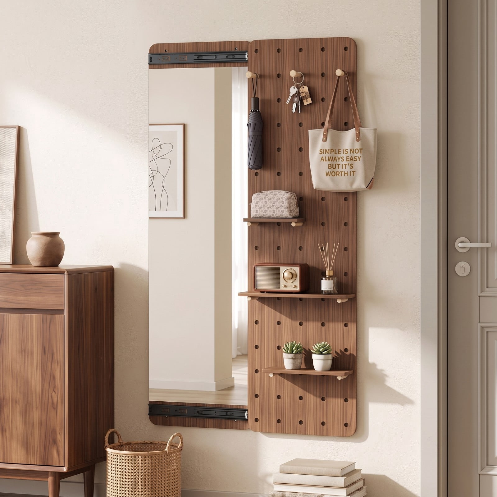 ALPULON Solid Wood Full Length Mirror with Sliding Pegboard, Shelves and 3 Hooks, Wall Mounted HD Floor Mirror for Entryway Bedroom Closet, Brown