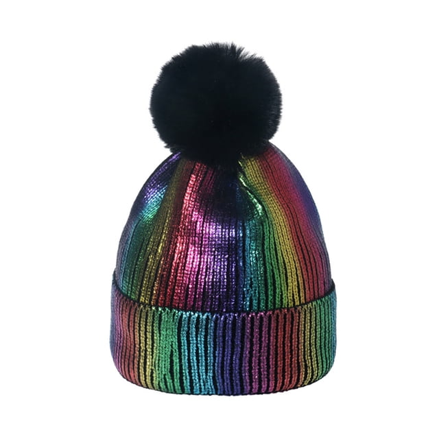 Sombreros de invierno de punto, con rayas, rizados, sin bordes, para el frío, cálidos para exteriores, gruesos, con bolas de pelo, de lana bronceada, para mujer