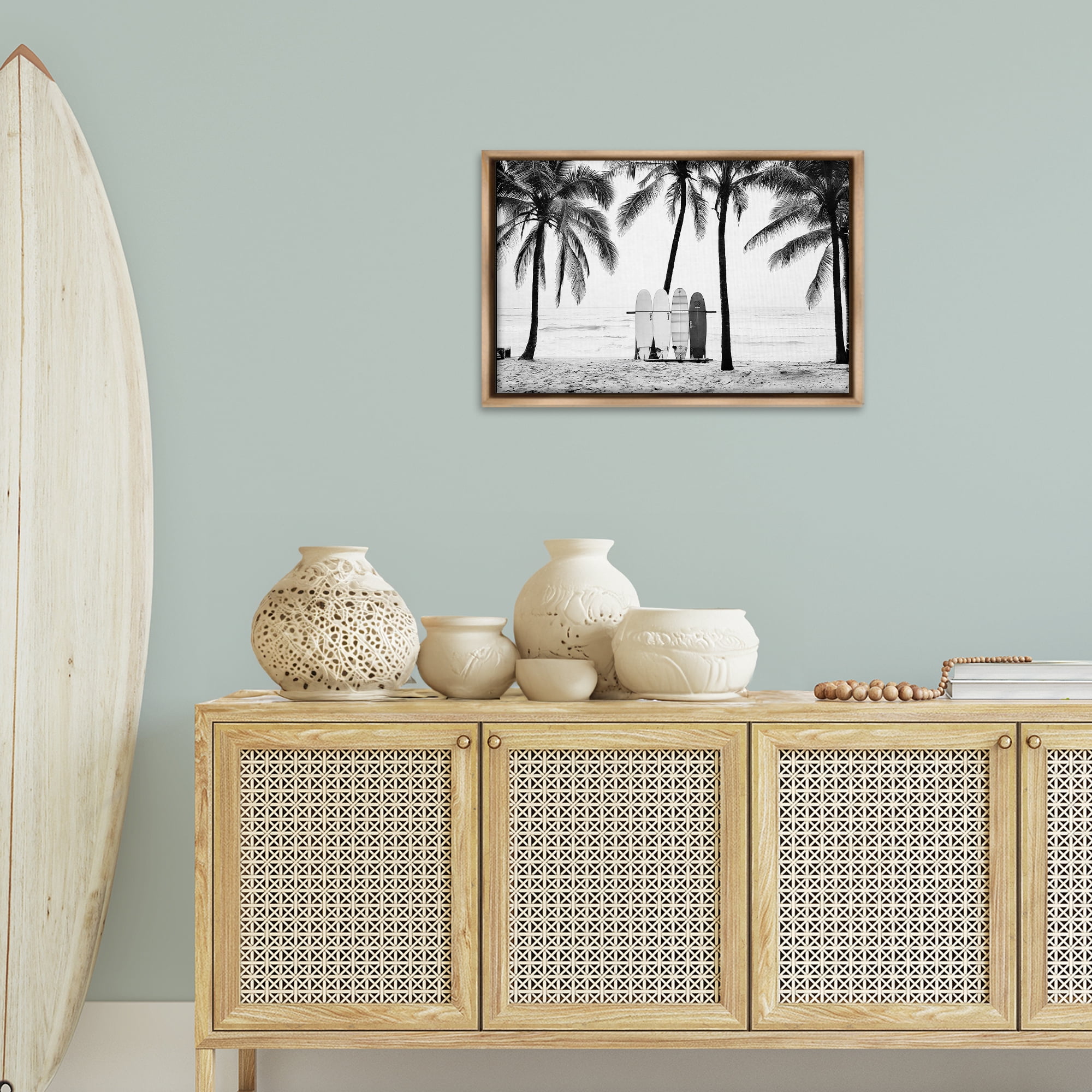 Stupell Industries Centered Surf Boards View Nautical & Beach Photography Brown Floater Framed Canvas Art Print Wall Art, 25 x 17
