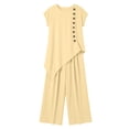thumbnail image 3 of Favoffer Women's Two Piece Outfit Solid Color Button Front Short Sleeve Top Matching Long Pants Casual Loose Set Daily Commute Outdoor Loungewear, 3 of 6