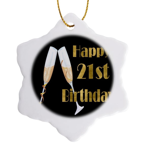 3drose, Happy 21st Birthday with Champagne Glasses, 3 inch Snowflake Porcelain Ornament