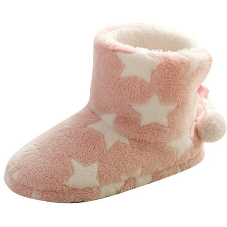 

Xfvqtps Womens Snow Boots Fluffy Plush Star Cute Bowknot Pom Poms Lace Up Indoor Warm Winter House Plush Boots Soft Home Mute Cute Soft Plush Ball Women Interior Boots Pink