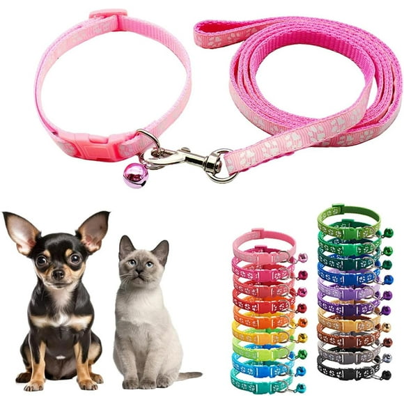 Small Cat Collar and Leash Set with Bell,Purple Nylon Paw Cat Collar Girl Female Cute Fancy Puppy Collar with Bells for XXS XS Tiny Little Kitten Boys Pet Dogs,Neck 7-12 Inch