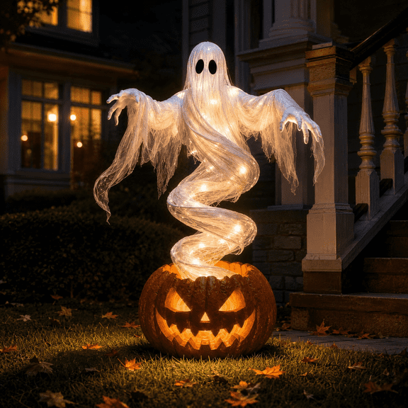 Swirling Ghost Pumpkin Yard Lamp,Large 51-inch Lighted Spooky Ghost Statue,Halloween Decorations Outdoor,Warm LED Fall Garden Porch Pathway Lawn Party Decor