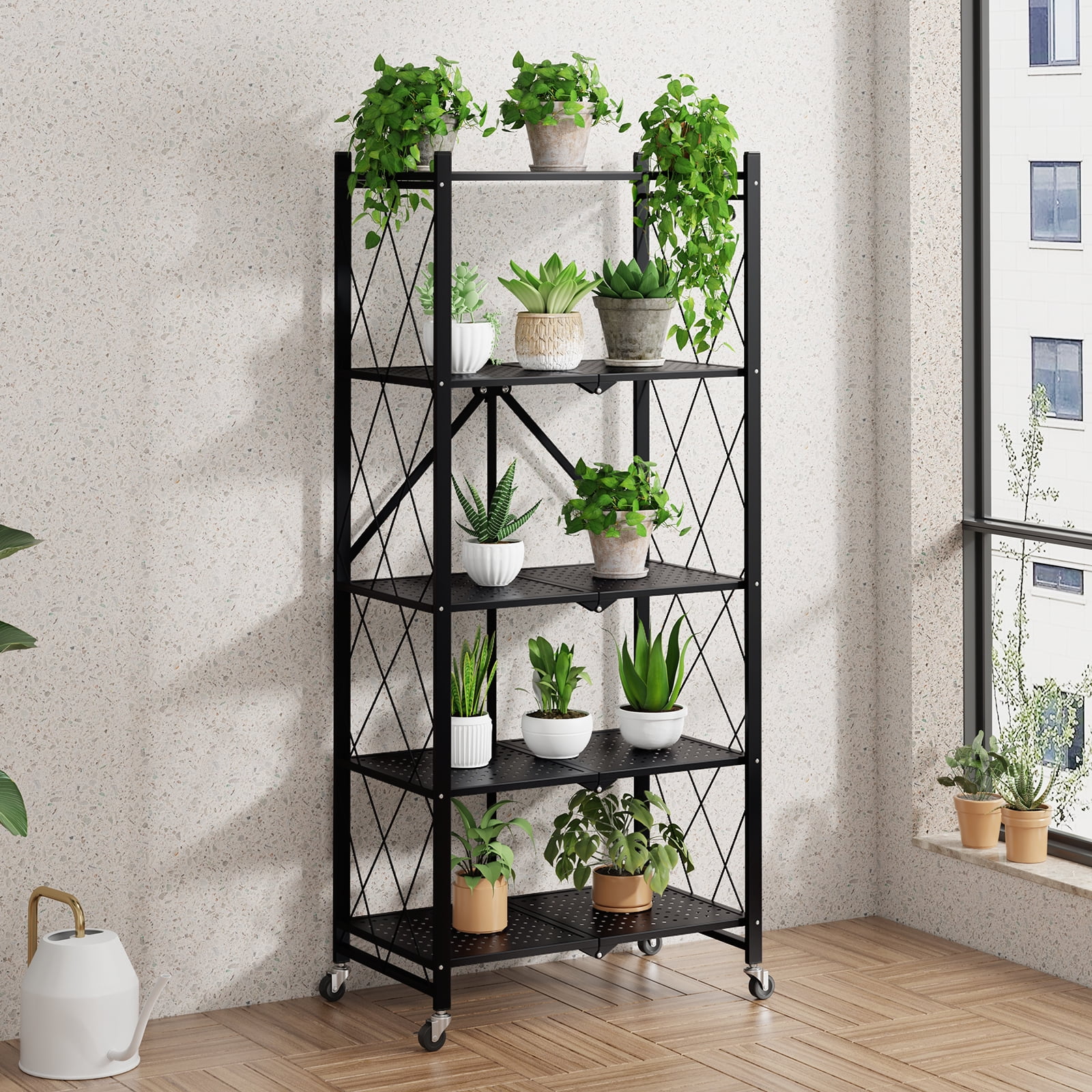 SUGIFT 5-Tier Foldable Metal Storage Shelf with Wheels, No Assembly, Heavy-Duty Organizer (750 lbs) for Home, Garage & Office, Black