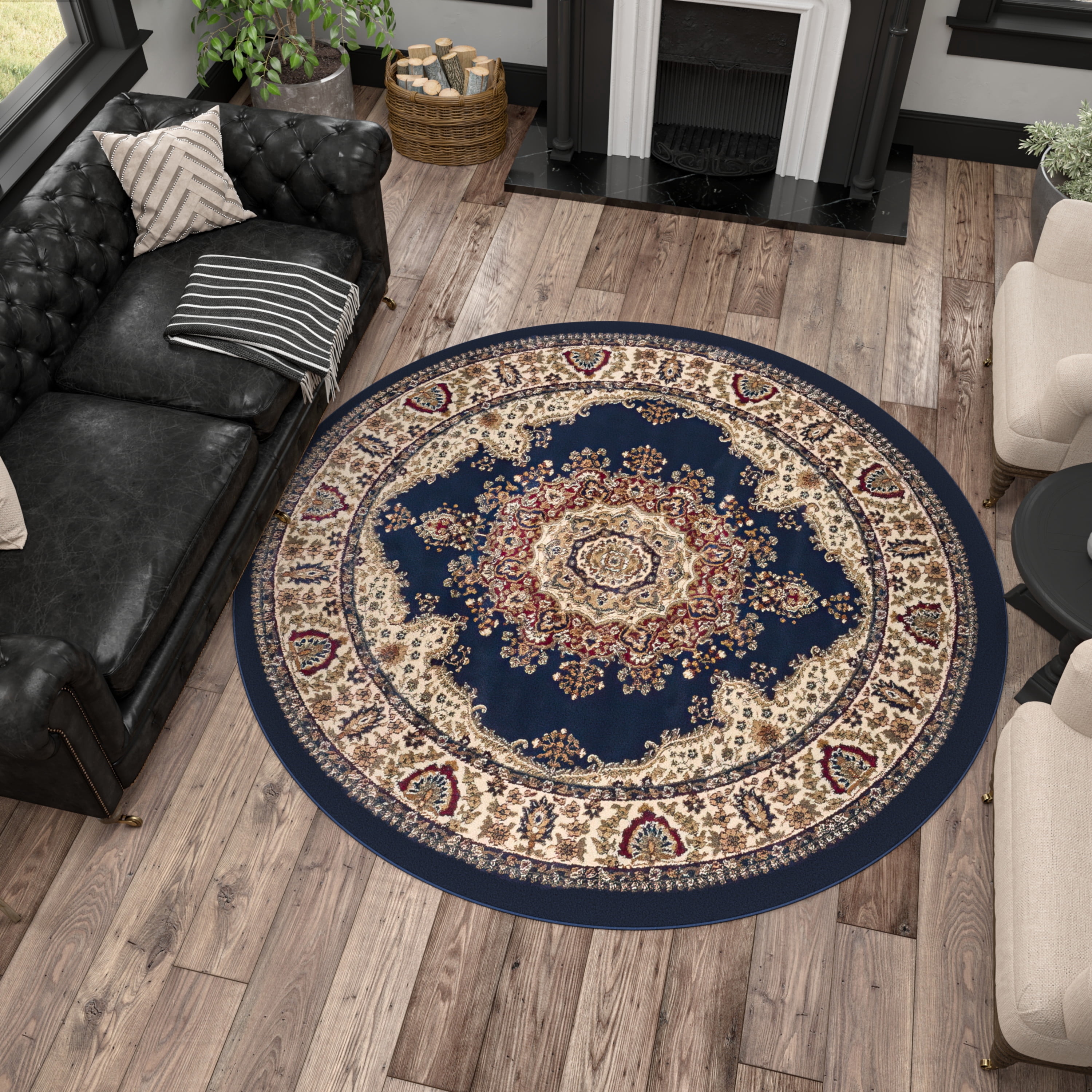 Sensation Transitional 8' Round Navy and Beige Polypropylene Indoor Area Rug