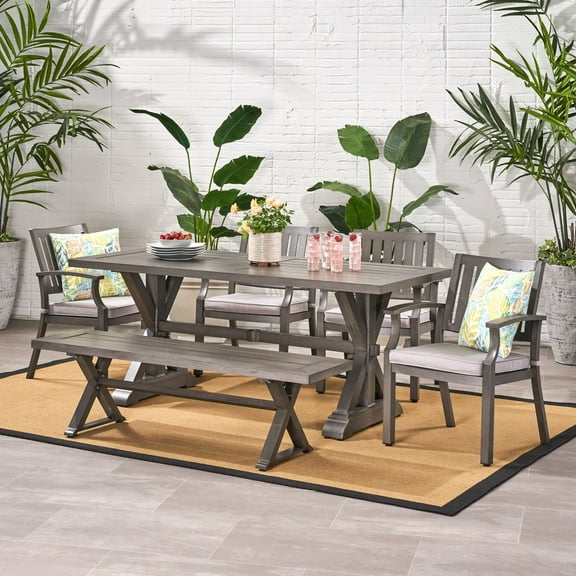 Noble House Amaris Outdoor Modern 6 Seater Aluminum Dining Set with Dining Bench, Dark Gray and Silver