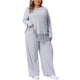 thumbnail image 2 of Conjuntos de 2 piezas para mujer de talla grande Agnes Orinda, blusa de manga larga de punto acanalado con cuello redondo y dobladillo asimétrico con flecos, y pantalones de pierna ancha 1X gris, 2 of 6