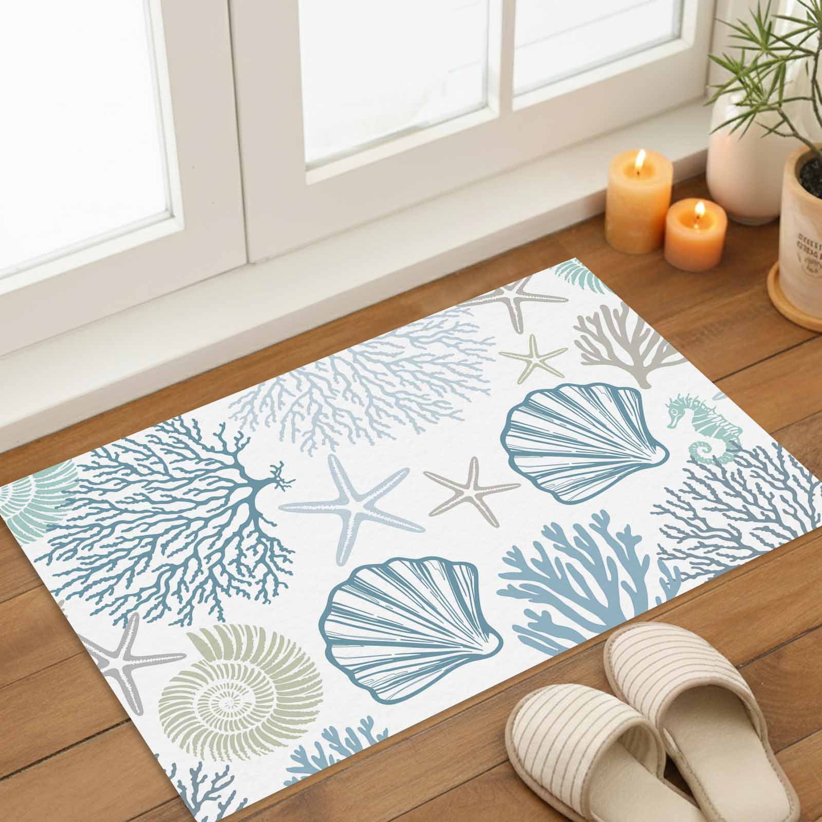 Light Blue Teal Coastal Indoor Door Mat - 16"x24", Non-Slip Welcome Mat for Outdoor, Summer Beach Coral Shell Ocean Front Doormat for Entry, Low-Profile Doormat Entrance Rug for Kitchen/Bathroom