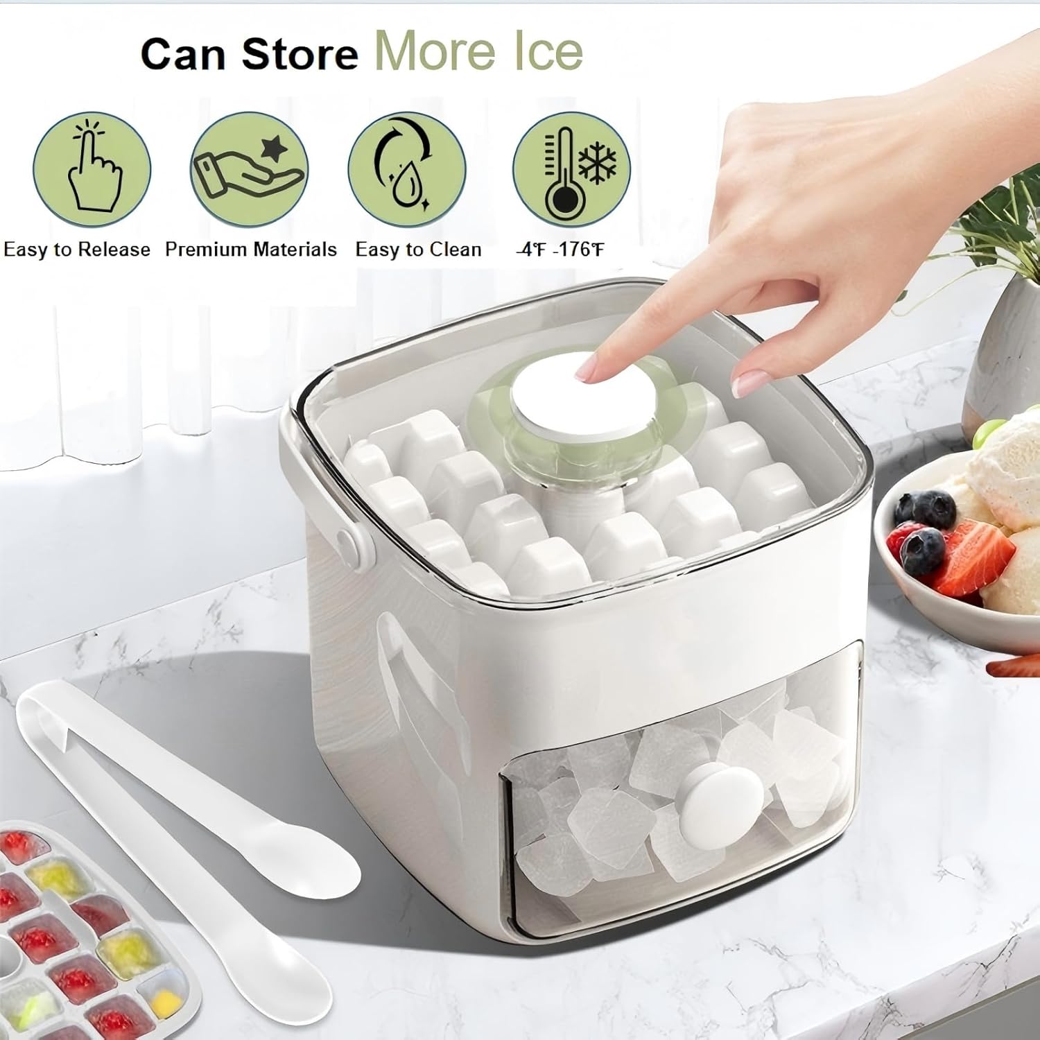 DEA Ice Cube Tray with Lid & Bin Ice Maker for Freezer Ice Trays Ice Container- Ice Molds for Whiskey, Cocktail, Coffee Drinks, Beer with Ice Tongs Kitchen Gadgets Tools (White)