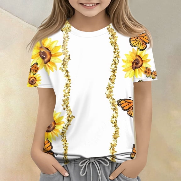 CCRFTGI Cute Shirts for Girls Size 10-12 Summer Short Sleeve Sunflower Graphic Printed Tee Shirts Casual Soft Lightweight Big Sister Outfit Crew Neck T-Shirts White 9-10 Years