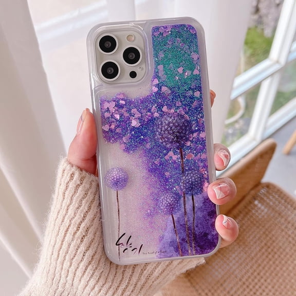 Compatible with iPhone 15 Pro Max Glitter Case Bling Sparkle Luxury Liquid Floating Quicksand Case Women Girls Slim Soft TPU Cute Flower Protective Transparent Cover, Dandelion