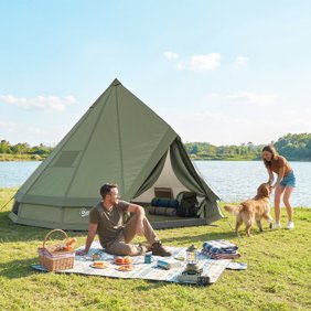 Outsunny Teepee Tent Waterproof Camping Tent with Stove Jack for 4-6 People for Outdoor Camping Hiking Army Green