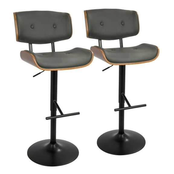 Lombardi Mid-Century Modern Adjustable Barstool With Swivel In Walnut With Grey Faux Leather - Set Of 2