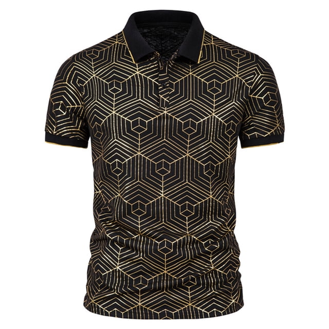CEHVOM Fashion Men's Collar Top Stand Collar Print Short Sleeve Button Matching Summer