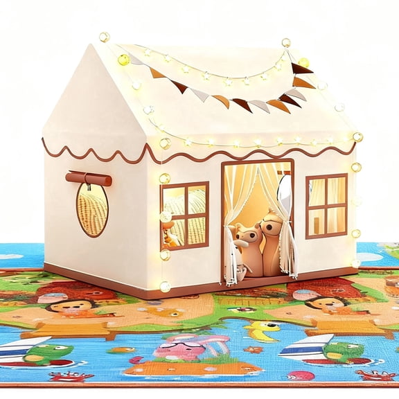 AMTPM Kids Play Tent with Mat,Large Children Play Tent with Thick Crawling Mat, Star String Lights and Colorful Bunting Flags, Indoor Outdoor Play Tent for Toddlers