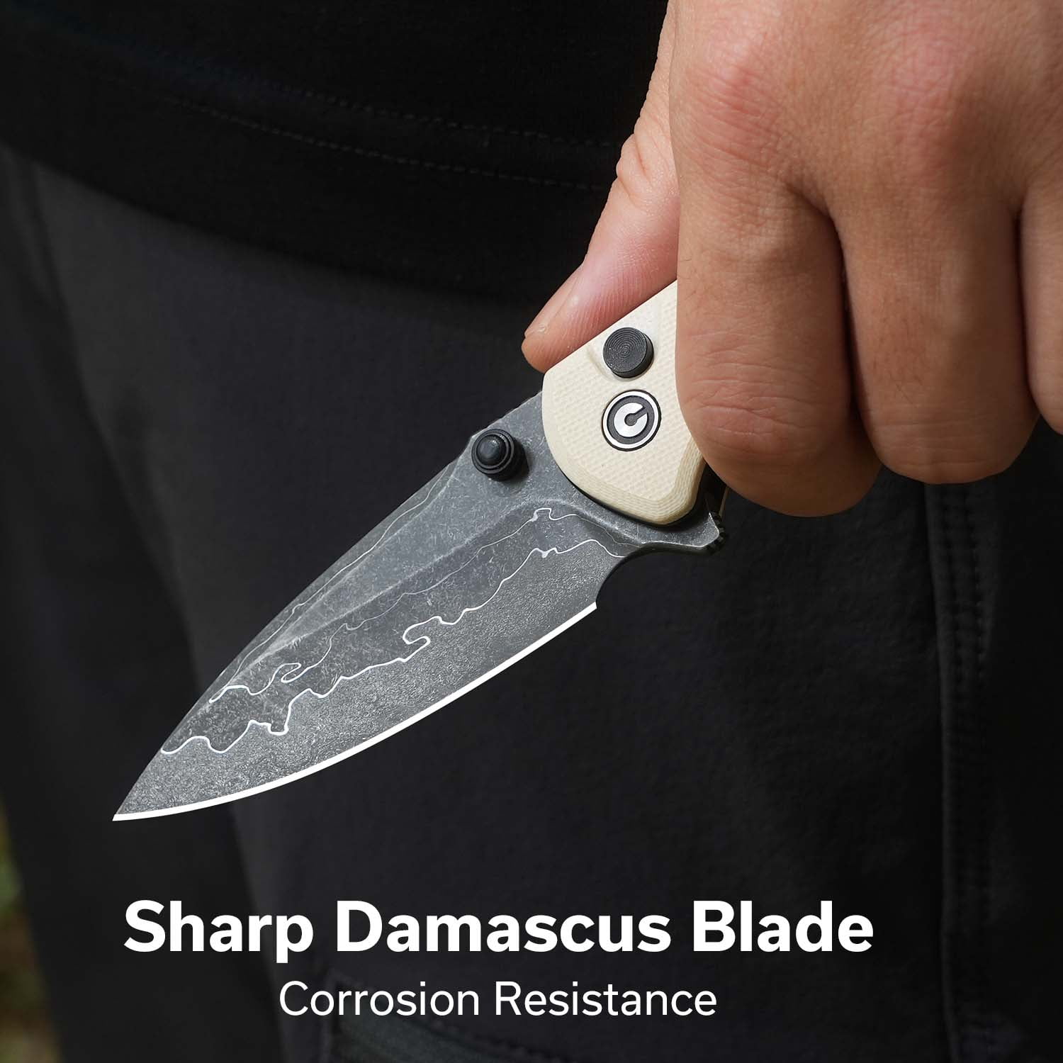CIVIVI Faeger Button Lock Pocket Folding Knife with 2.98" Damascus Blade , Black Aluminum Handle C24031-DS1