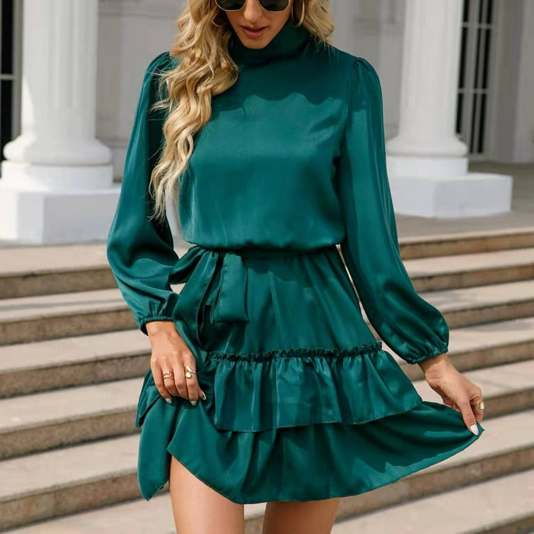 Levmjia Summer Dresses For Women Plus Size Clearance Fashion Causual Solid  Satin Belt Turtleneck Cake Pleated Long Sleeves Round Neck Knee Dress Green  