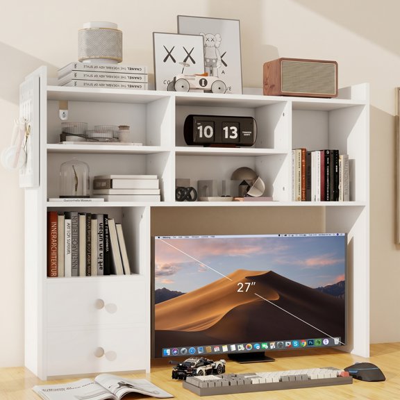 PULUOMIS Desktop Bookshelf, Desk Shelf with 2 Drawers for Computer Desk, 36.22" 7-Tier Adjustable Desktop Hutch Organizer with Pegboard for Home Office, White