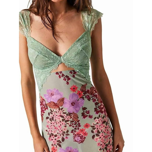 Women Lace Patchwork Mesh Maxi Dress Floral Print Cutout Sweetheart Neck Backless Slit Summer Y2K Long Dresses Green L