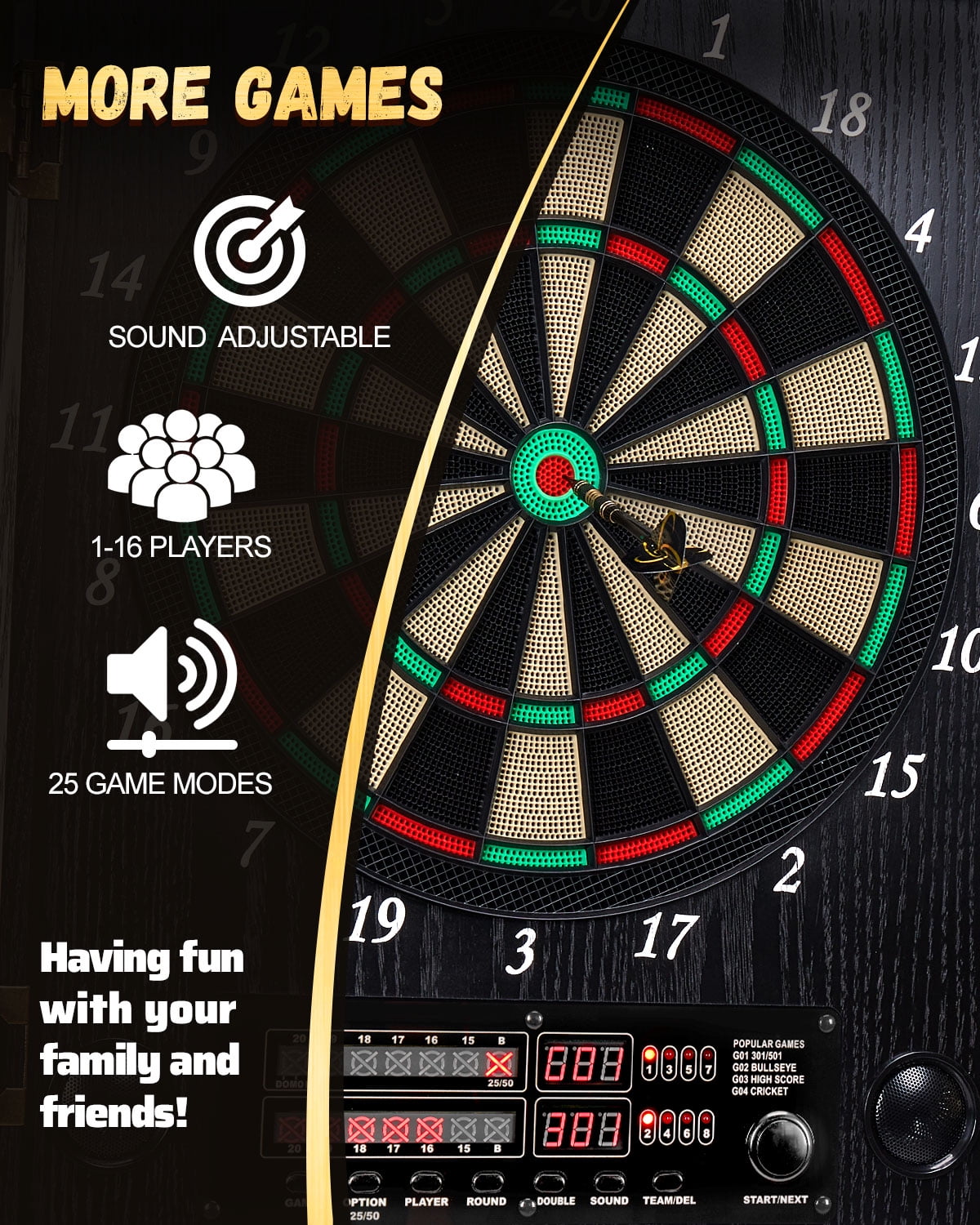 Yirinatek Electronic Dart Board, Decorative Dart Board Cabinet Set for Adults [12*Bronze Soft Tip Darts] [Cricket Game Mode]- Wooden Electric Dartboard Cabinet for Family Game Rooms [Black]
