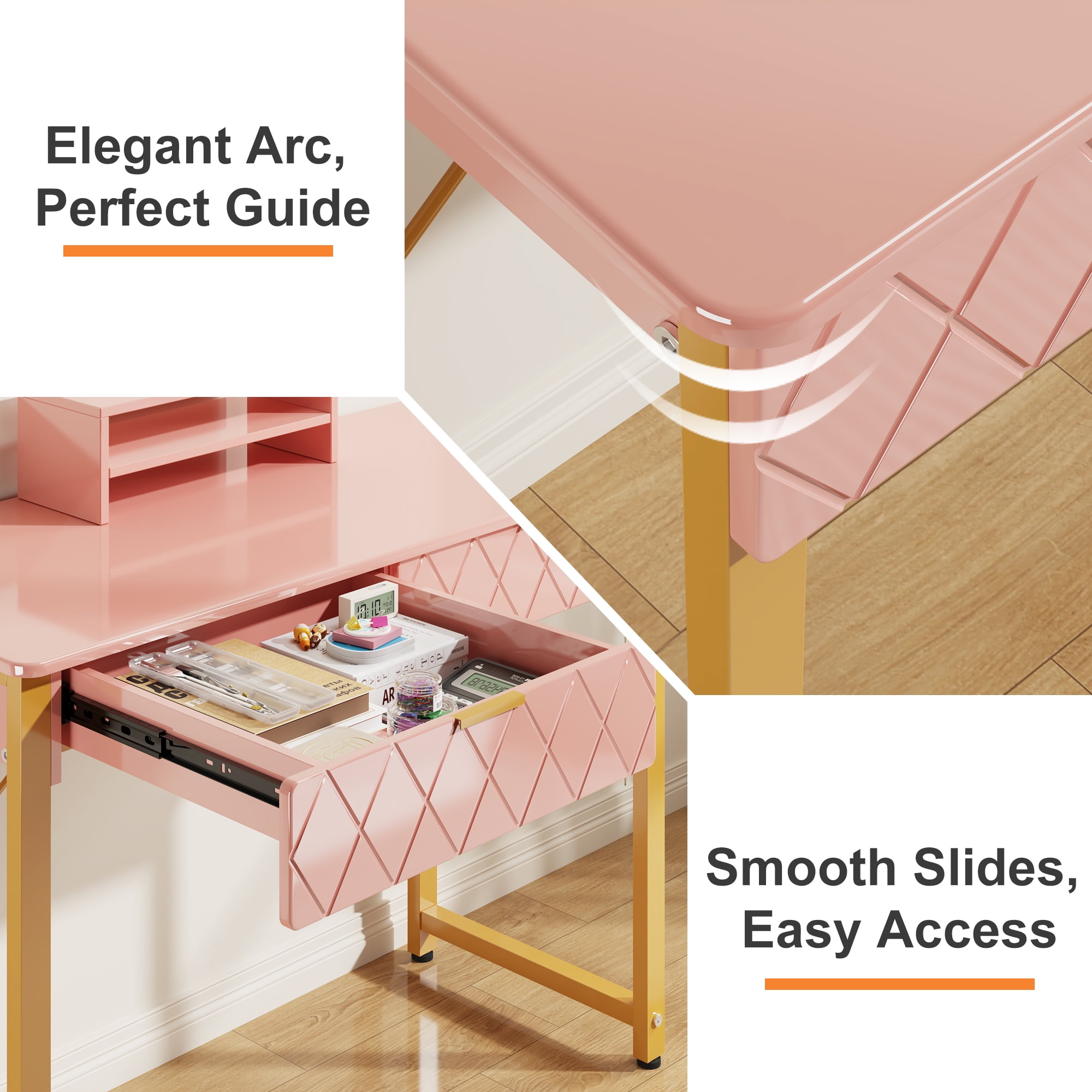 GYIIYUO Pink Modern Writing Desk with 2 Drawers, Office Desk with Glossy Curved Desktop, Computer Desk with Movable Stand for Bedroom Home Office, Pink and Gold