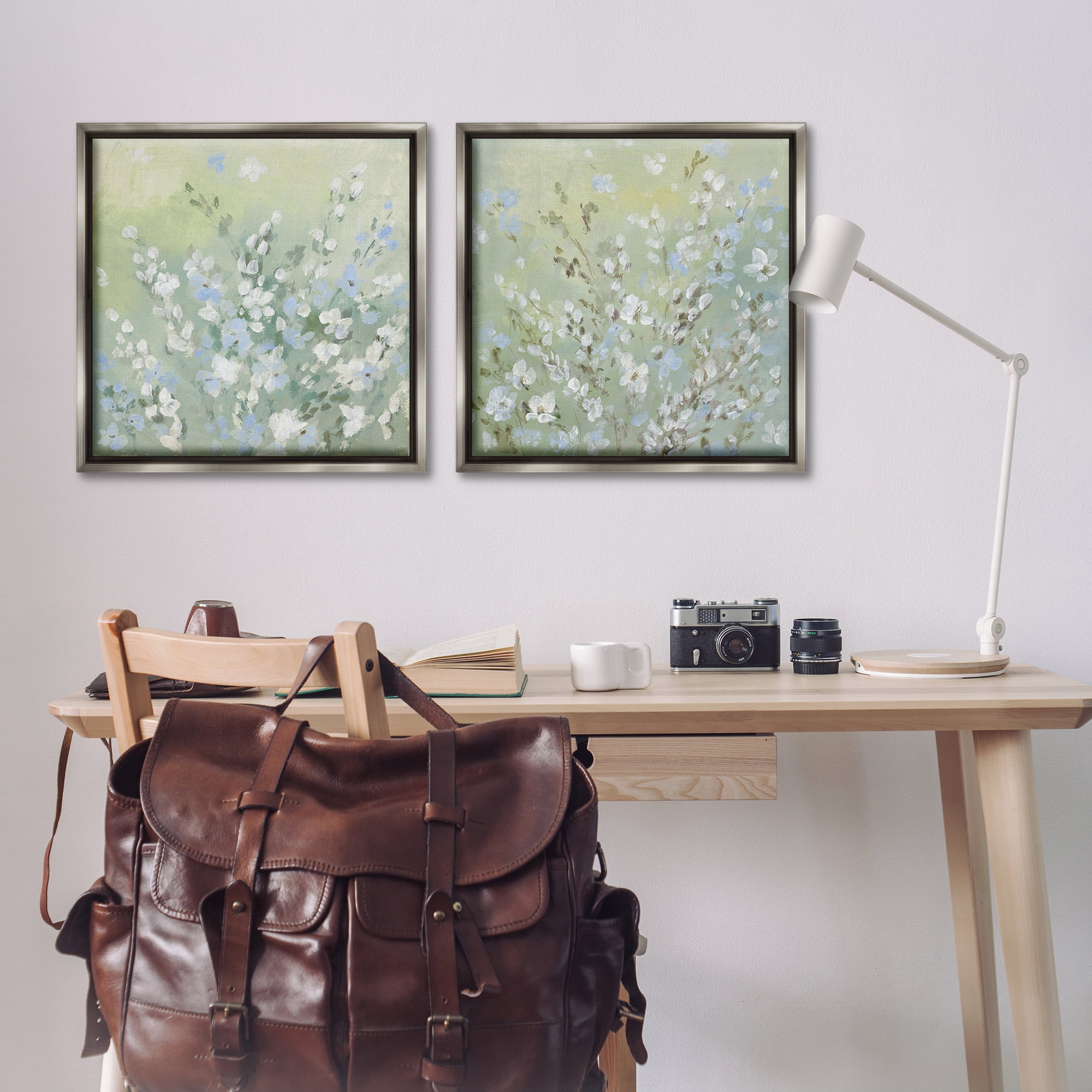 Stupell Industries Wispy Willows Blooms Floral & Botanical Painting Gray Floater Framed Canvas Art Print Wall Art, 25 x 25, Set of 2
