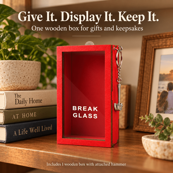 Wooden Display Box with Clear Window, Break Glass Style Gag Gift Holder, Small Keepsake Storage Organizer for Birthday and Christmas Gifts, Home Office Desk and Shelf Decor, Red, 6.69 in, 1 Piece