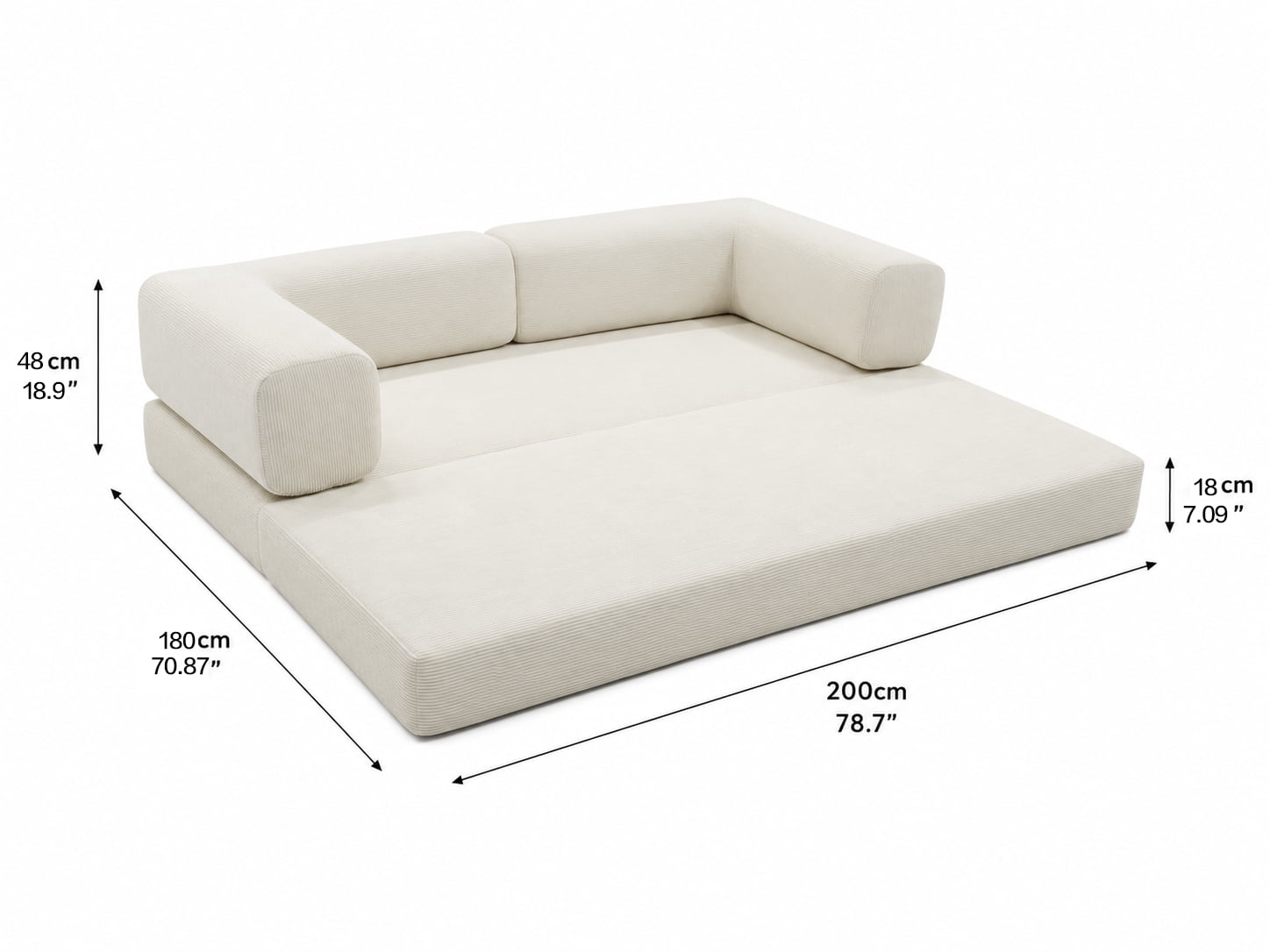 Garitin Sofa Bed and Convertible Floor Sofa 78.74 Inch, Corduroy Fabric Couch with Double Pillows for Living Room Bedroom, Ancient White